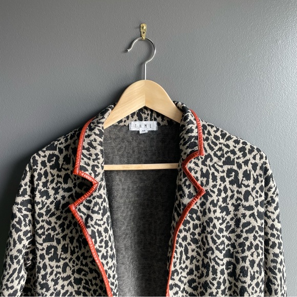 THML Leopard Animal Print Open Cardigan with Faux Leather - Picture 3 of 6